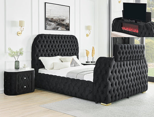NATALIA BED W/FIREPLACE,TV LIFT BLACK Crown Mark