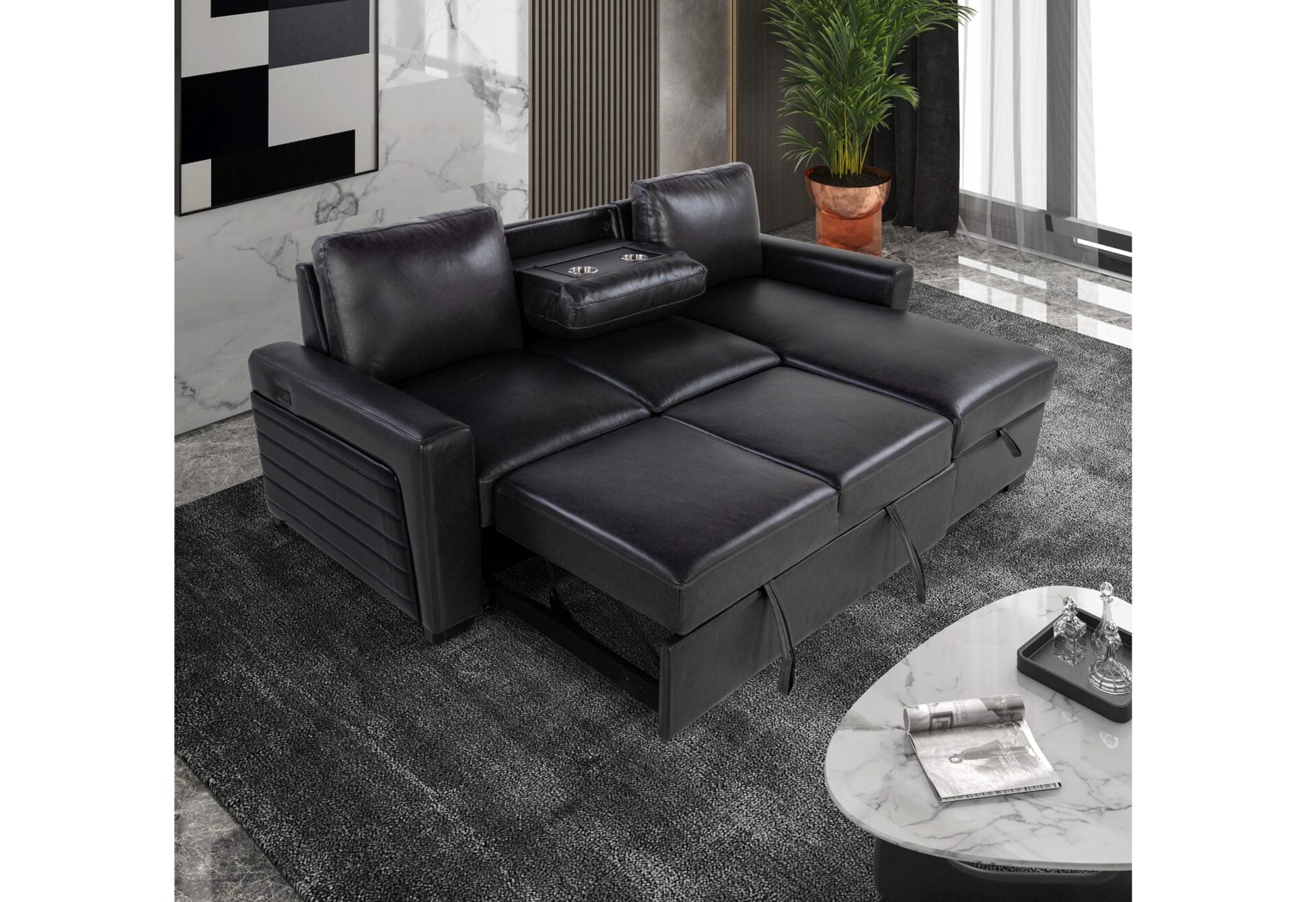 Charcoal/Black Sofa Bed with USB and Drop Down Table GLOBAL FURNITURE