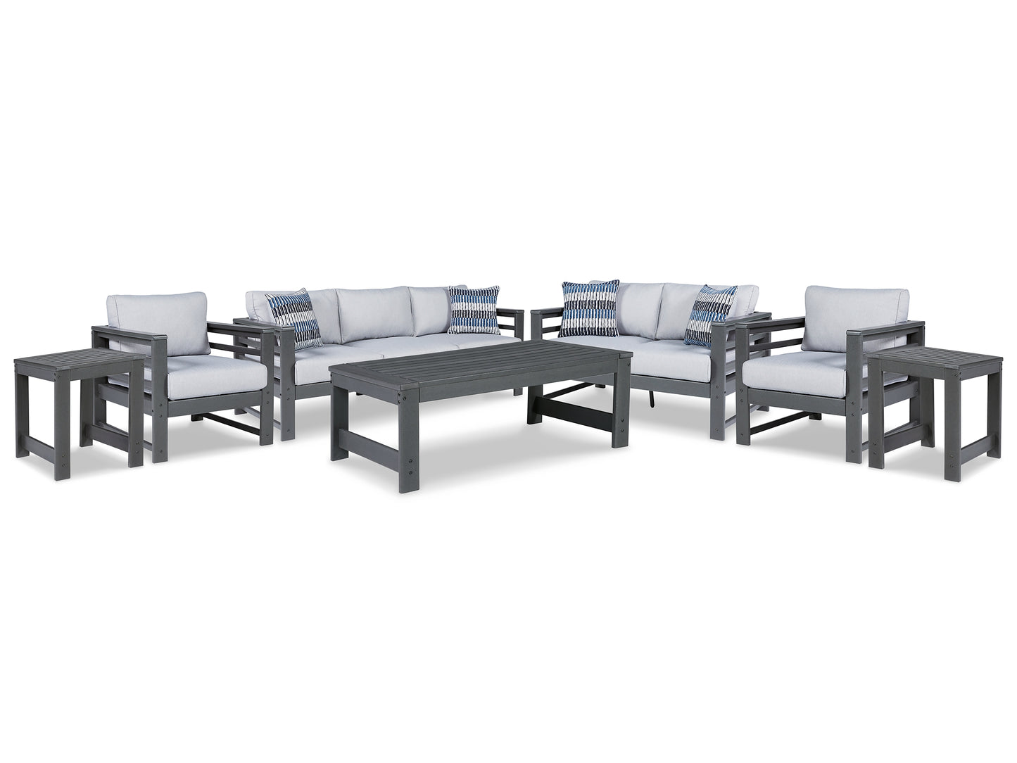 Amora Outdoor Sofa, Loveseat and 2 Lounge Chairs with Coffee Table and 2 End Tables Signature Design by Ashley®