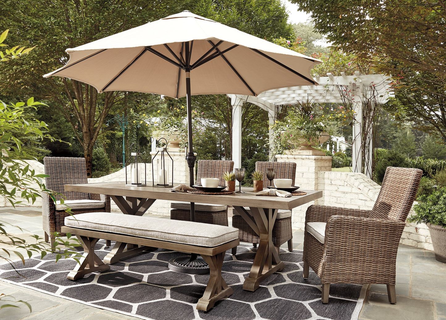 Beachcroft Outdoor Dining Table and 4 Chairs and Bench Signature Design by Ashley®