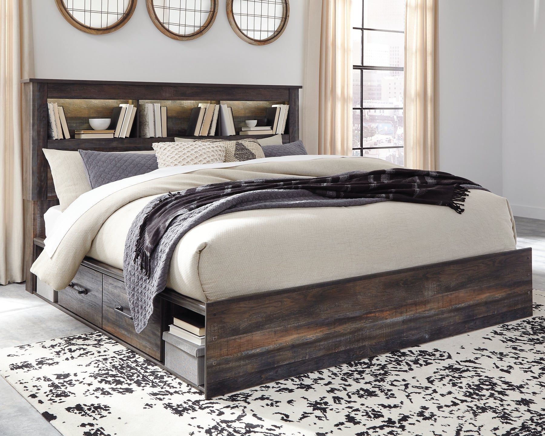 Drystan King Bookcase Bed with 4 Storage Drawers with Mirrored Dresser and Chest Signature Design by Ashley®