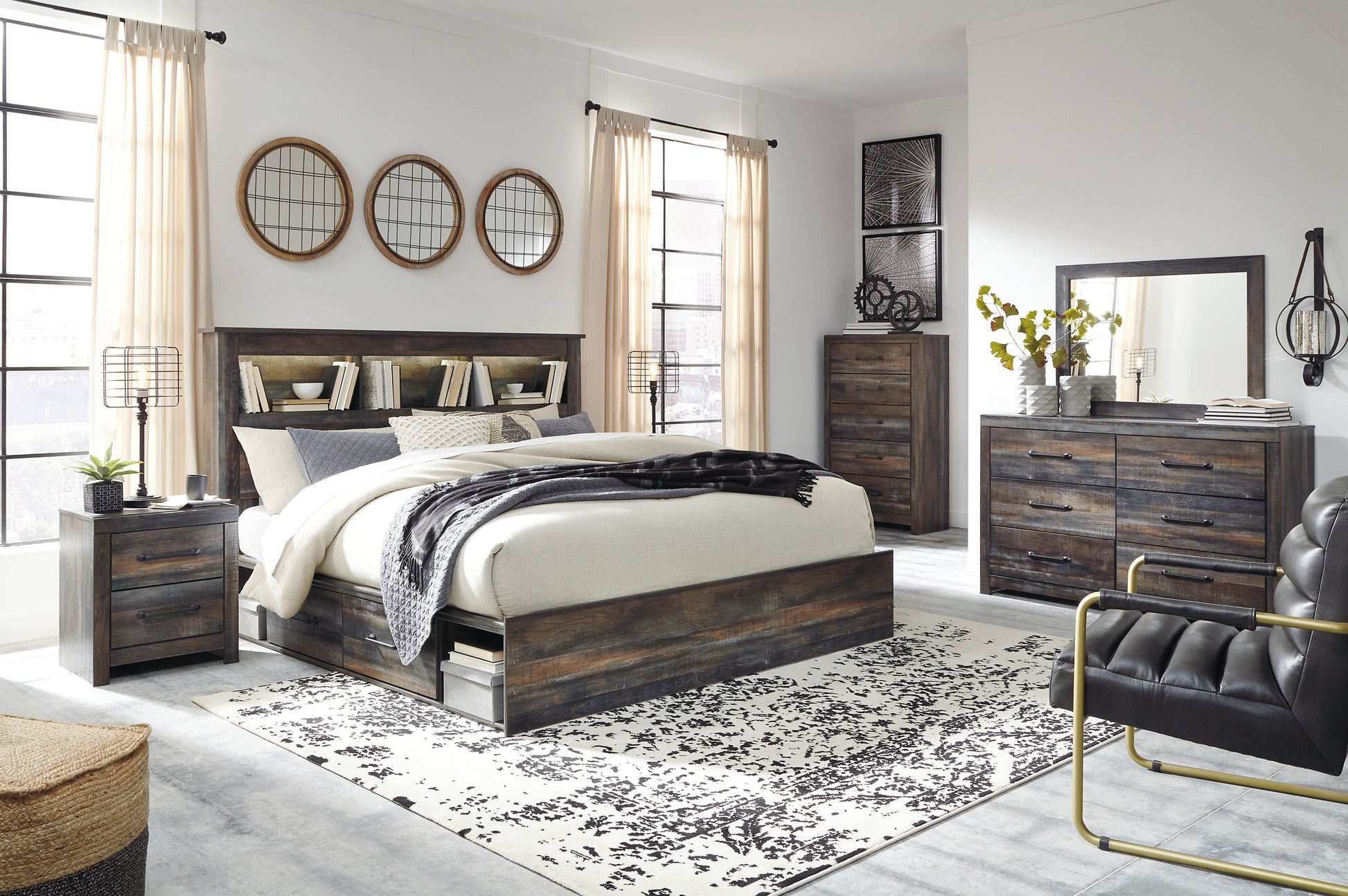 Drystan King Bookcase Bed with 4 Storage Drawers with Mirrored Dresser, Chest and 2 Nightstands Signature Design by Ashley®