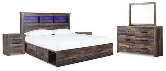 Drystan King Bookcase Bed with 4 Storage Drawers with Mirrored Dresser and 2 Nightstands Signature Design by Ashley®