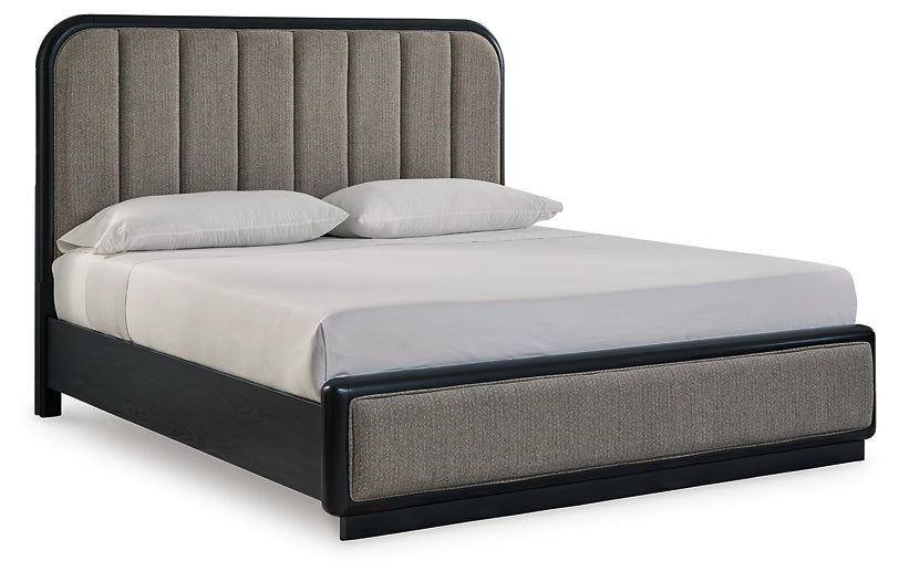 Rowanbeck King Upholstered Panel Bed with Mirrored Dresser Signature Design by Ashley®