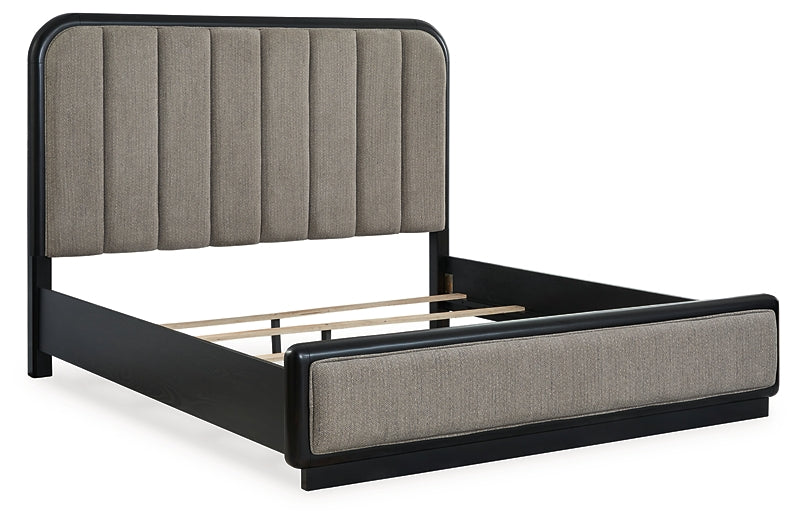 Rowanbeck King Upholstered Panel Bed with Mirrored Dresser Signature Design by Ashley®