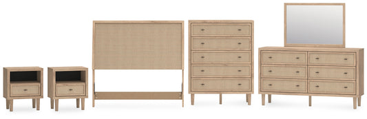 Cielden Full Upholstered Panel Bed with Mirrored Dresser, Chest and 2 Nightstands Signature Design by Ashley®