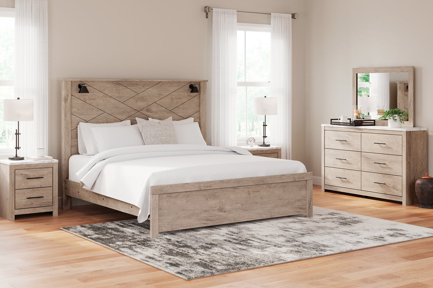 Senniberg King Panel Bed with Mirrored Dresser and 2 Nightstands Signature Design by Ashley®