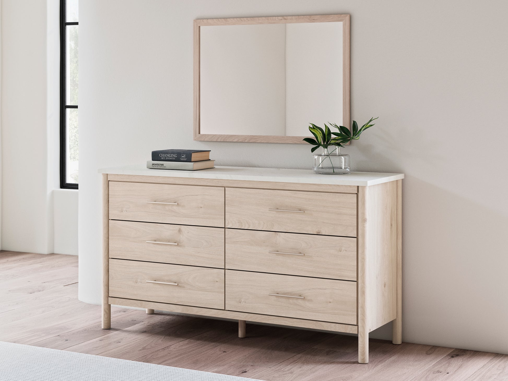 Cadmori Queen Upholstered Panel Bed with Mirrored Dresser and Nightstand Signature Design by Ashley®