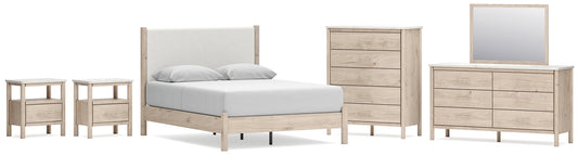 Cadmori Queen Upholstered Panel Bed with Mirrored Dresser, Chest and 2 Nightstands Signature Design by Ashley®