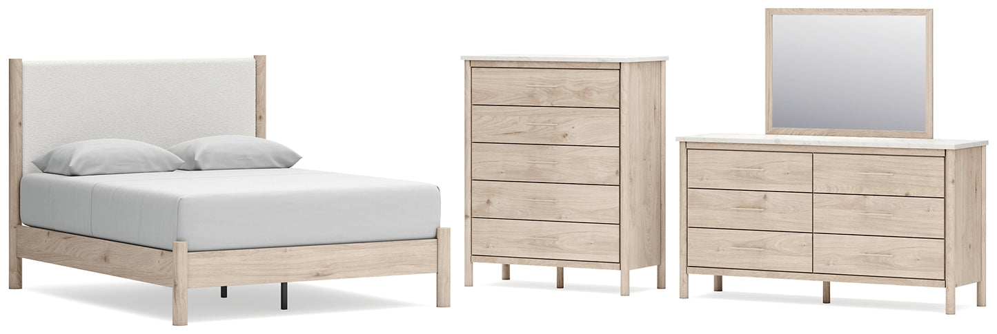 Cadmori Queen Upholstered Panel Bed with Mirrored Dresser and Chest Signature Design by Ashley®