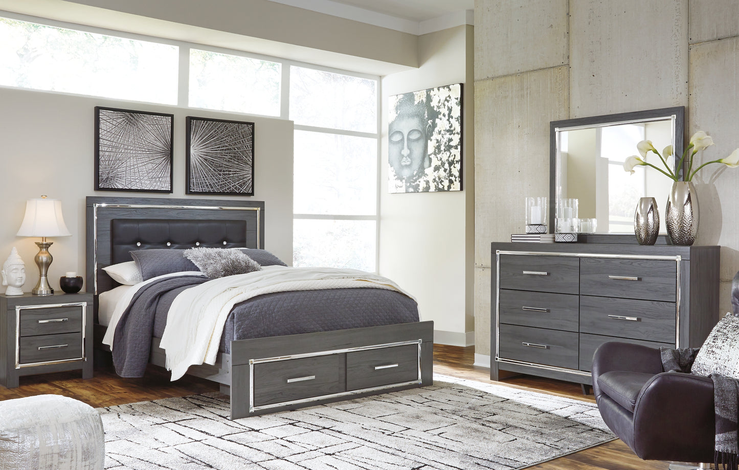 Lodanna Queen Panel Bed with 2 Storage Drawers with Mirrored Dresser, Chest and Nightstand Signature Design by Ashley®