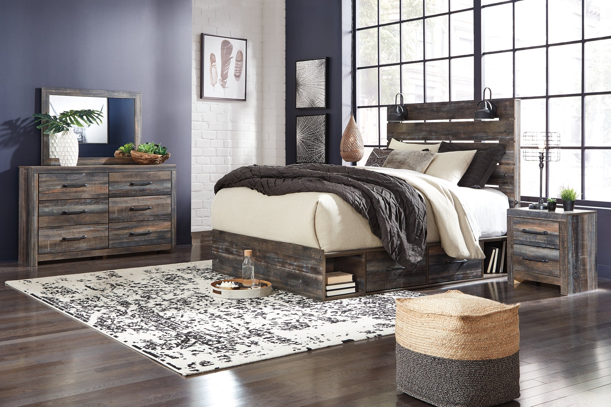 Drystan King Panel Bed with 4 Storage Drawers with Mirrored Dresser and Chest Signature Design by Ashley®