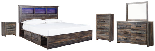 Drystan King Bookcase Bed with 2 Storage Drawers with Mirrored Dresser, Chest and Nightstand Signature Design by Ashley®