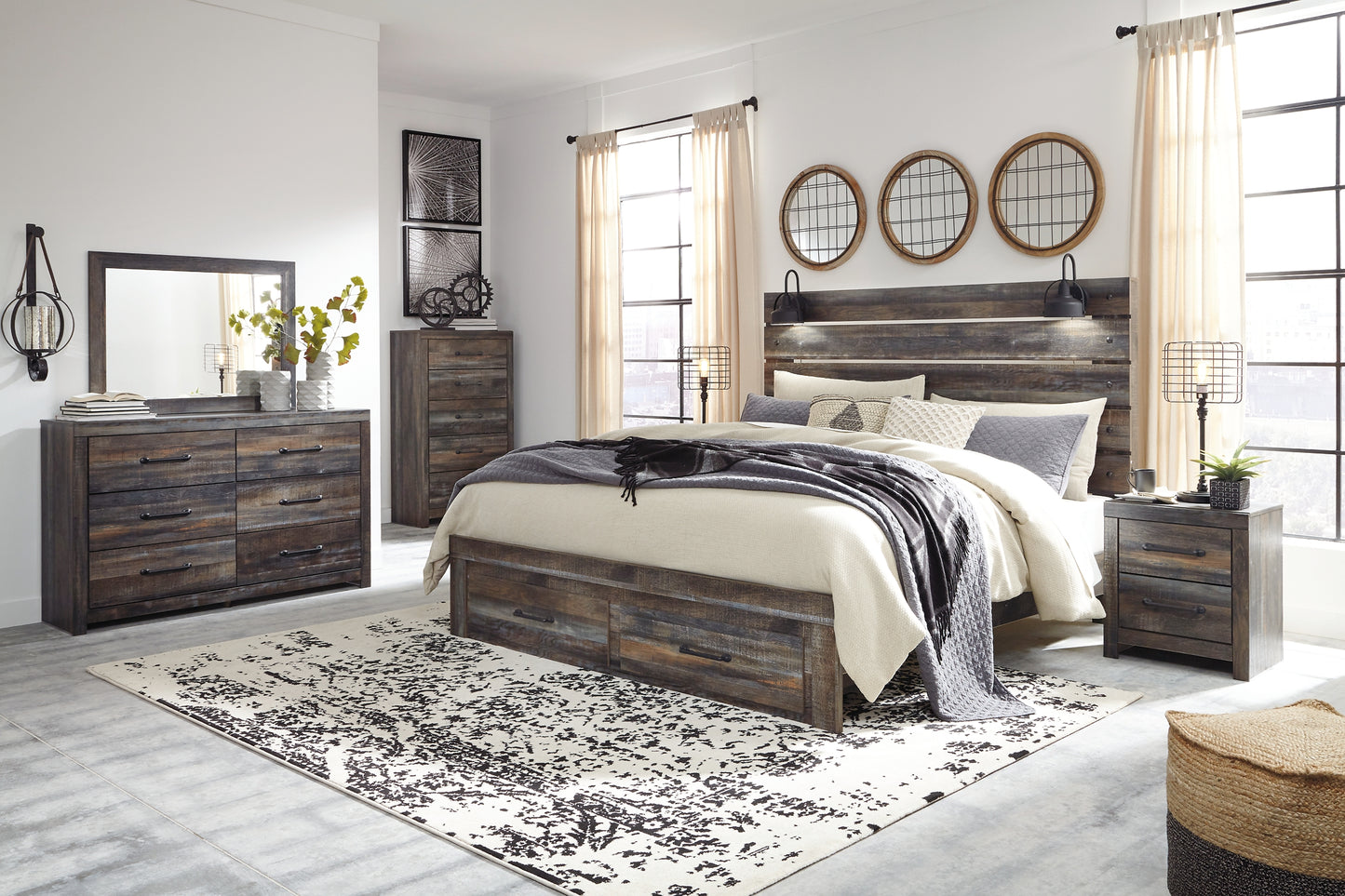 Drystan King Panel Bed with Storage with Mirrored Dresser, Chest and 2 Nightstands Signature Design by Ashley®