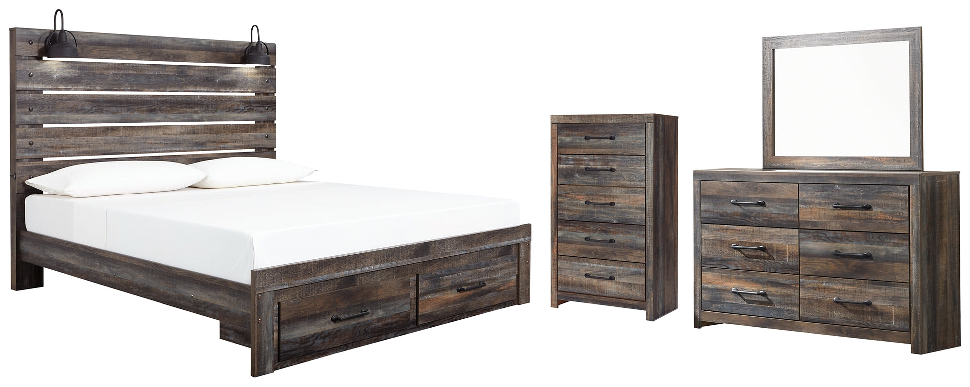 Drystan King Panel Bed with Storage with Mirrored Dresser and Chest Signature Design by Ashley®