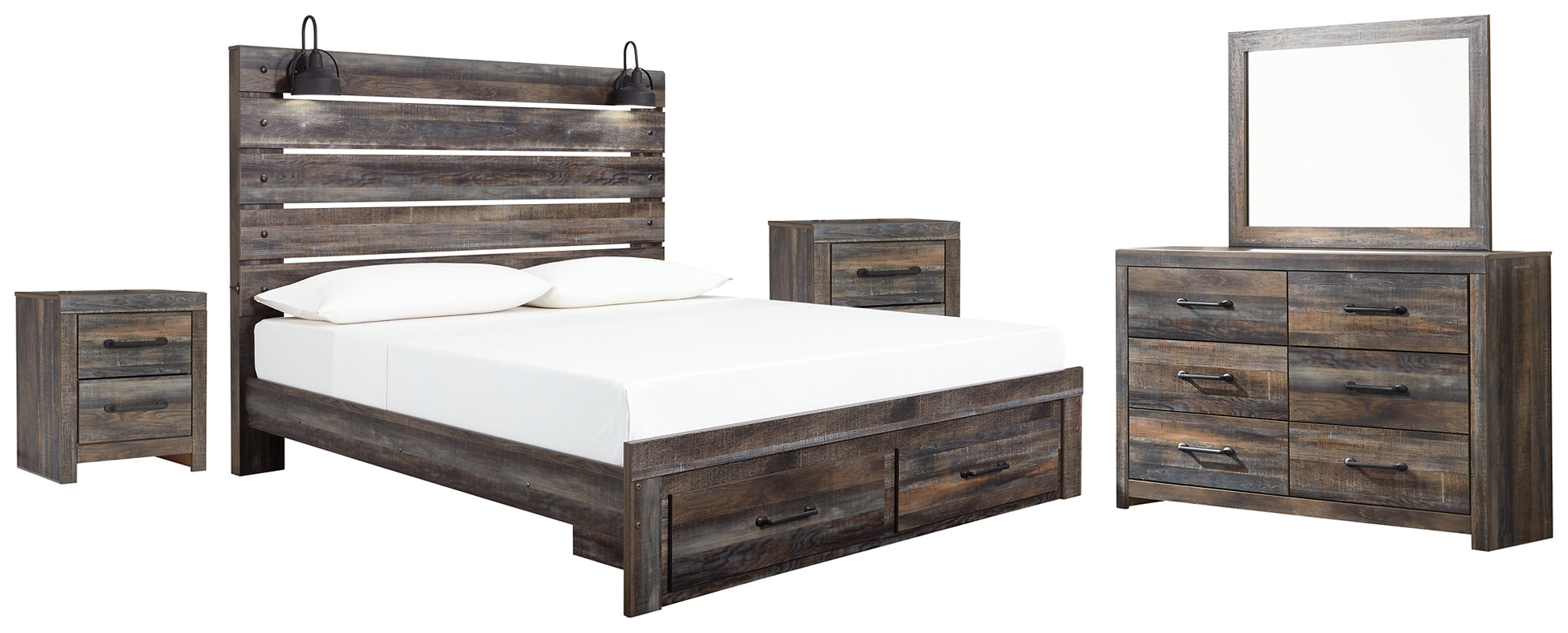 Drystan King Panel Bed with Storage with Mirrored Dresser and 2 Nightstands Signature Design by Ashley®