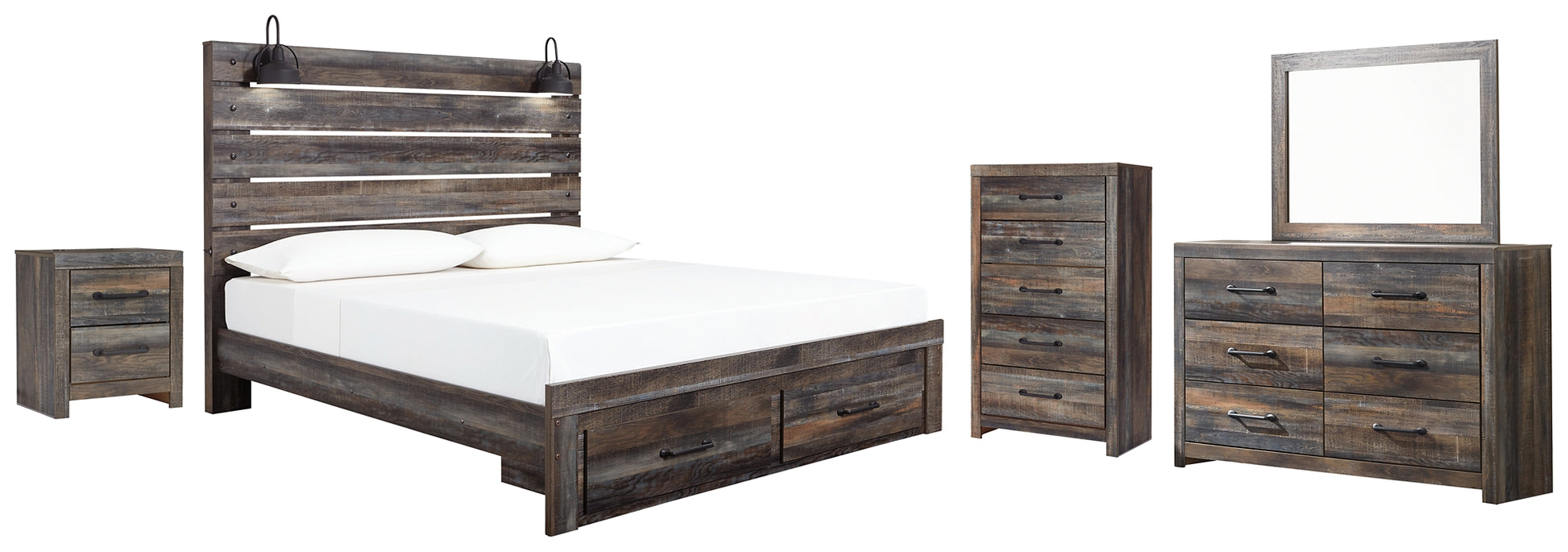 Drystan King Panel Bed with Storage with Mirrored Dresser, Chest and Nightstand Signature Design by Ashley®