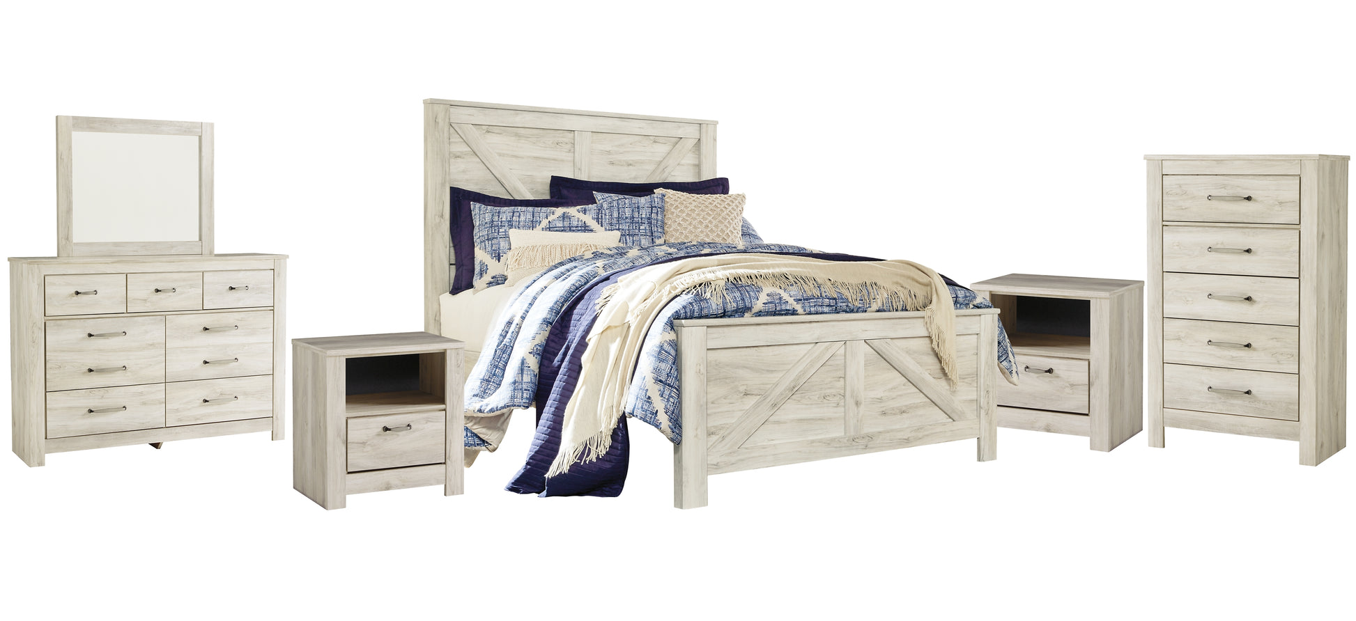 Bellaby Queen Crossbuck Panel Bed with Mirrored Dresser, Chest and 2 Nightstands Signature Design by Ashley®