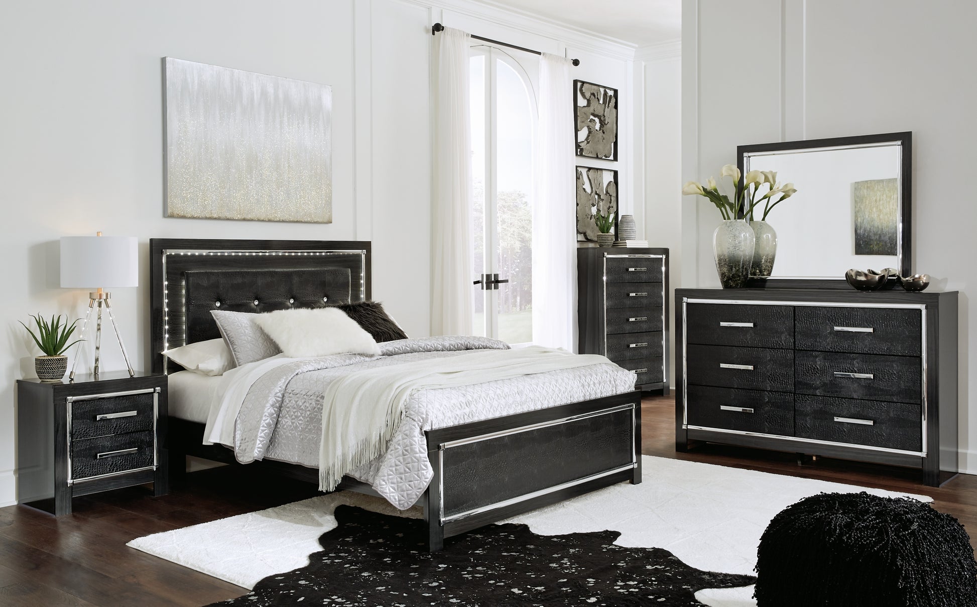 Kaydell Queen/Full Upholstered Panel Headboard with Mirrored Dresser and 2 Nightstands Signature Design by Ashley®