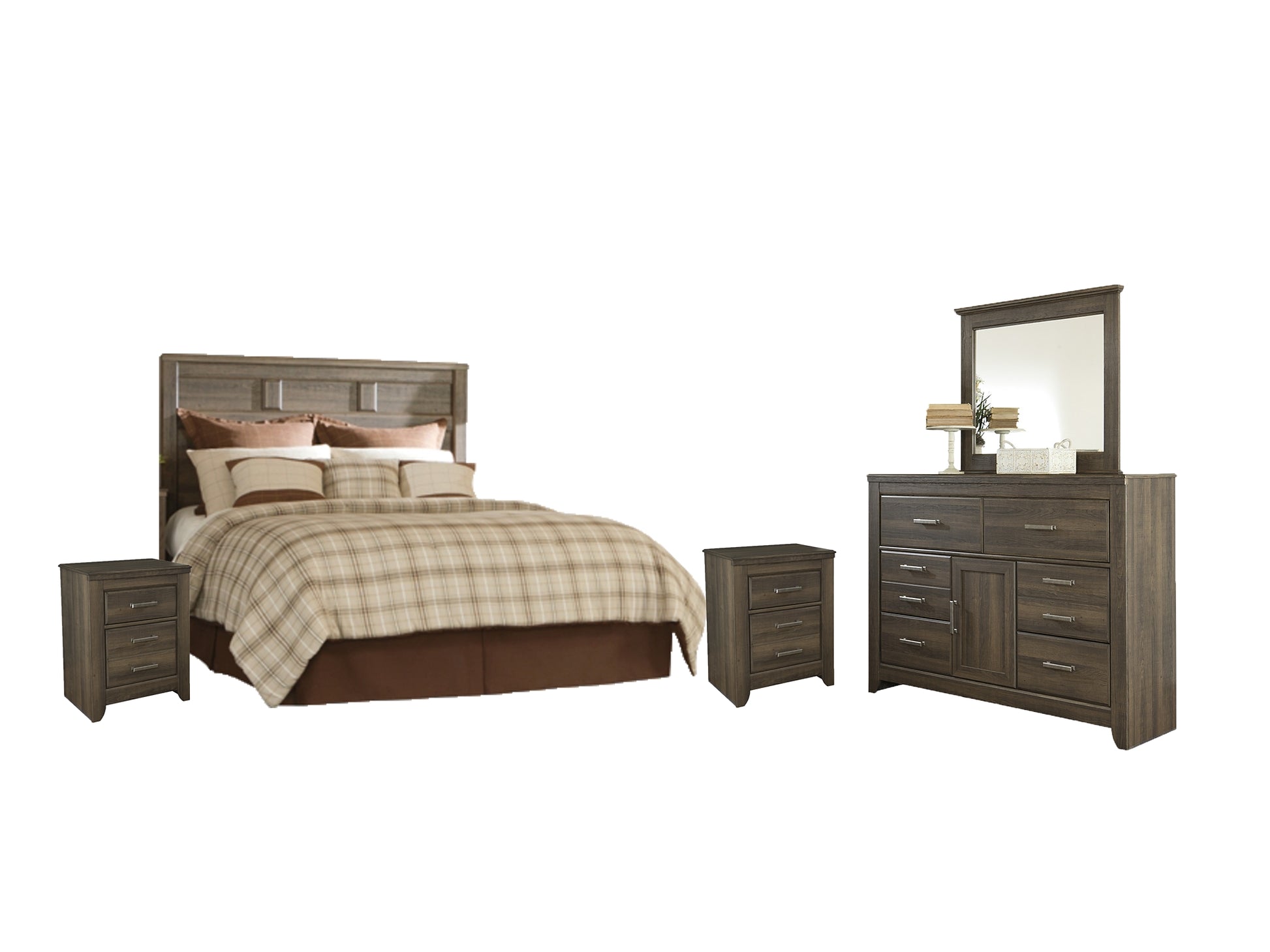 Juararo Queen Panel Headboard with Mirrored Dresser and 2 Nightstands Signature Design by Ashley®