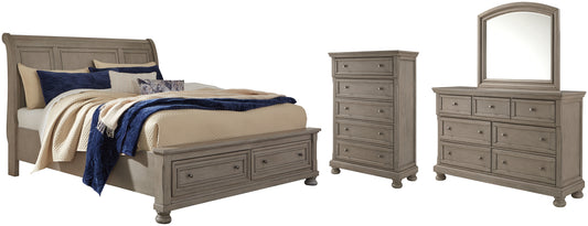 Lettner King Sleigh Bed with 2 Storage Drawers with Mirrored Dresser and Chest Signature Design by Ashley®