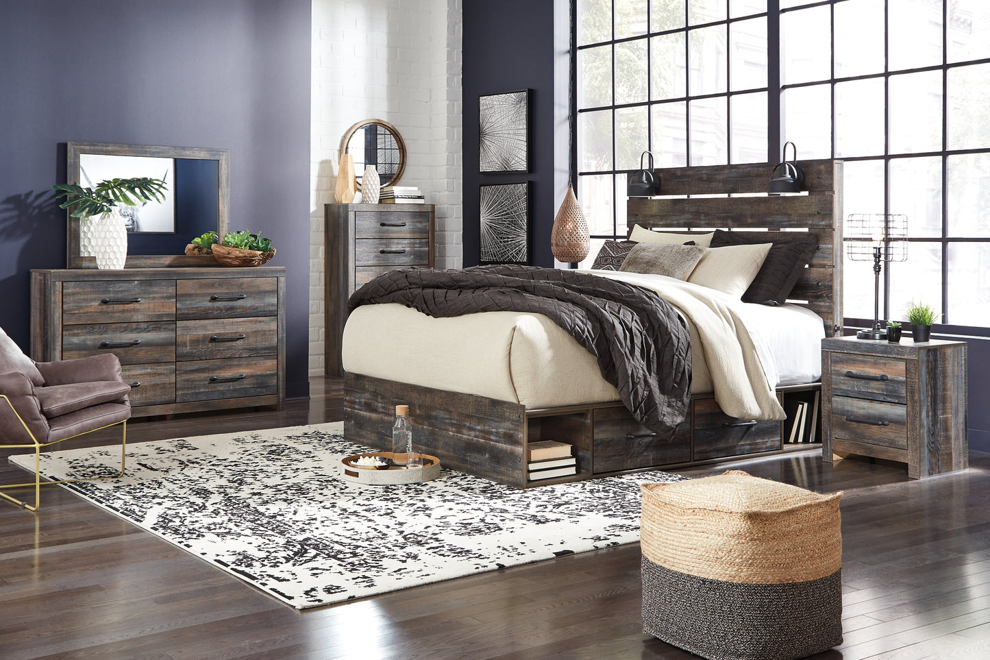 Drystan Queen Panel Bed with 2 Storage Drawers with Mirrored Dresser and Nightstand Signature Design by Ashley®