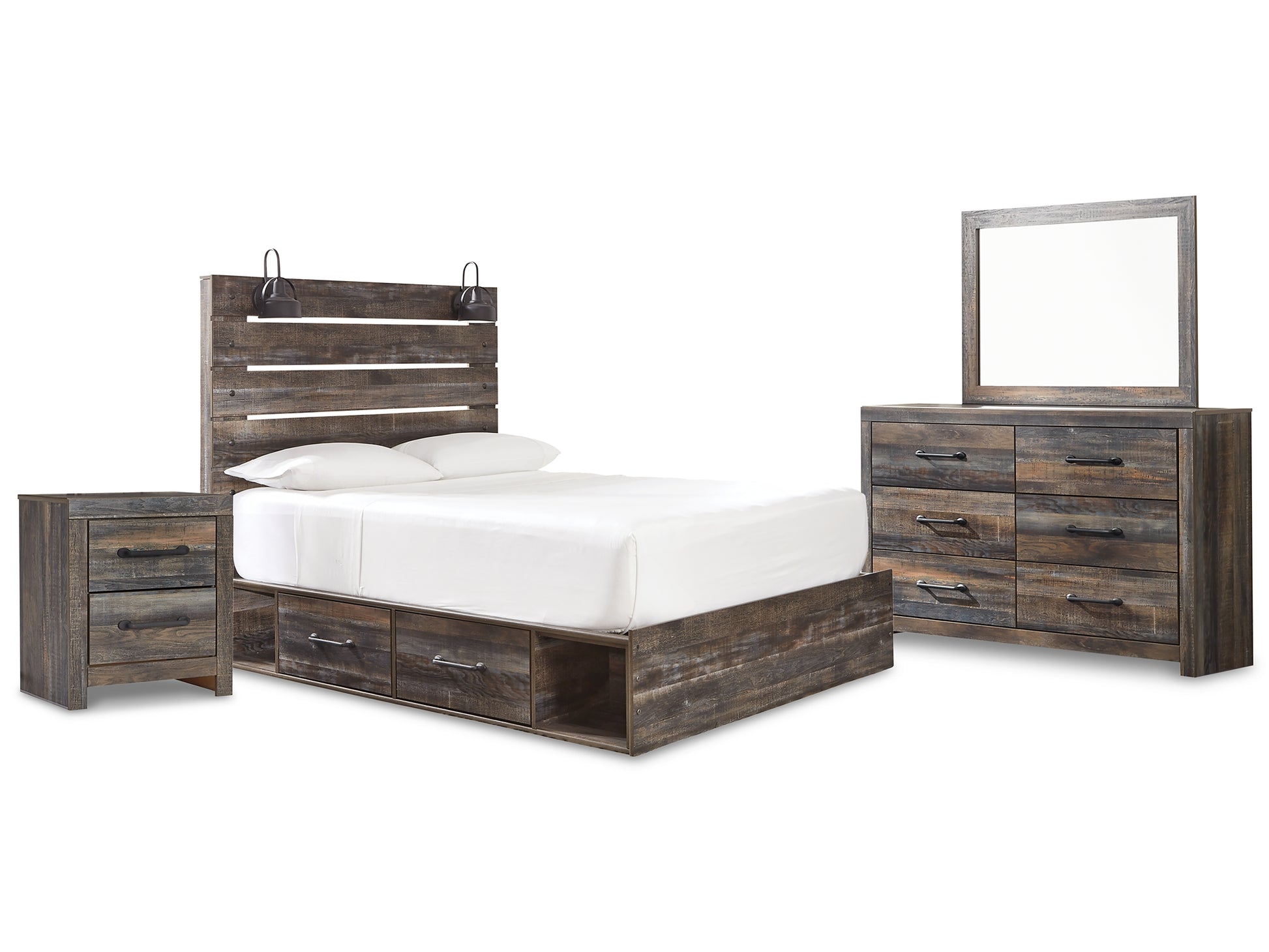 Drystan Queen Panel Bed with 2 Storage Drawers with Mirrored Dresser and Nightstand Signature Design by Ashley®