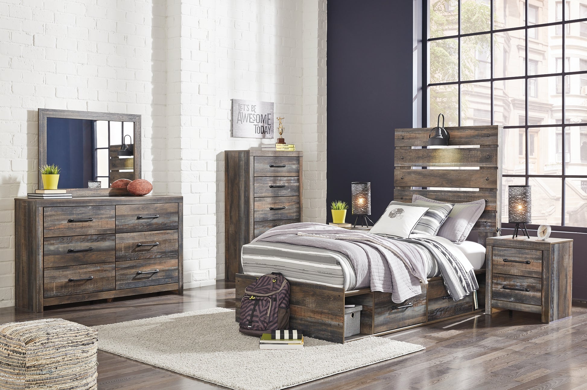 Drystan Twin Panel Headboard with Mirrored Dresser, Chest and 2 Nightstands Signature Design by Ashley®