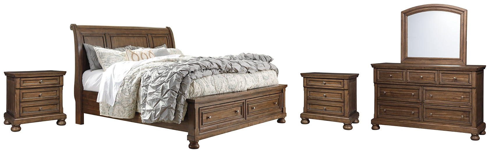 Flynnter Queen Sleigh Bed with 2 Storage Drawers with Mirrored Dresser and 2 Nightstands Signature Design by Ashley®