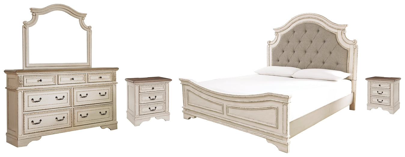 Realyn Queen Upholstered Panel Bed with Mirrored Dresser and 2 Nightstands Signature Design by Ashley®