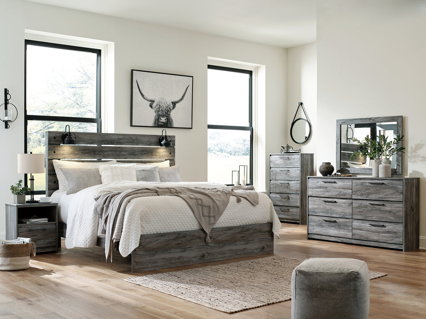 Baystorm King Panel Bed with Mirrored Dresser, Chest and Nightstand Signature Design by Ashley®