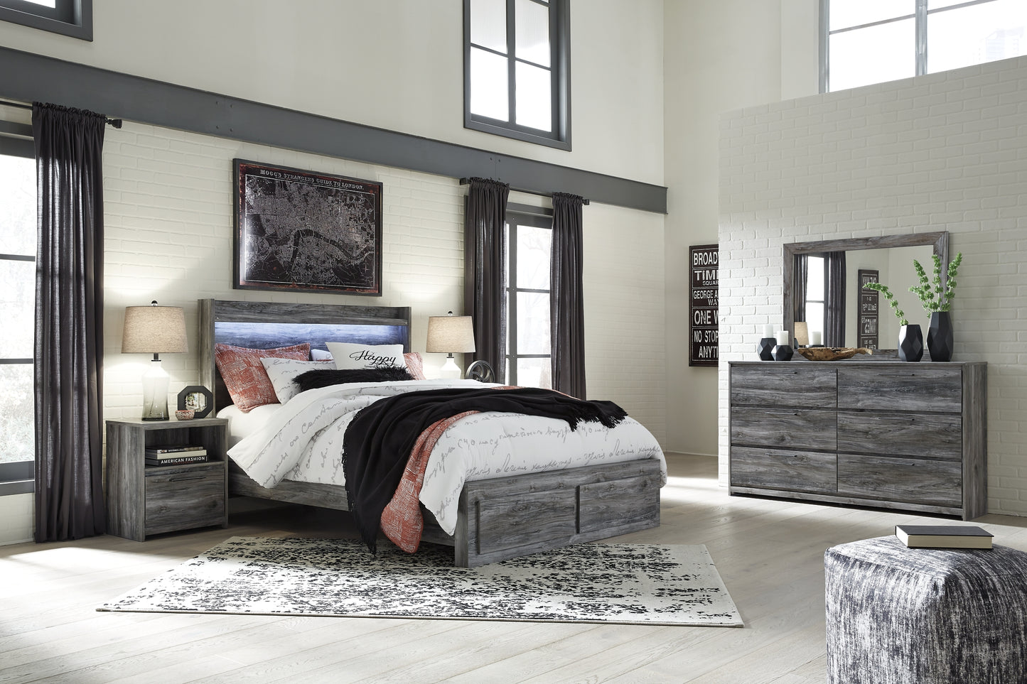 Baystorm Queen Panel Bed with 2 Storage Drawers with Mirrored Dresser and Nightstand Signature Design by Ashley®