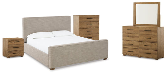 Dakmore King Upholstered Bed with Mirrored Dresser, Chest and Nightstand Signature Design by Ashley®