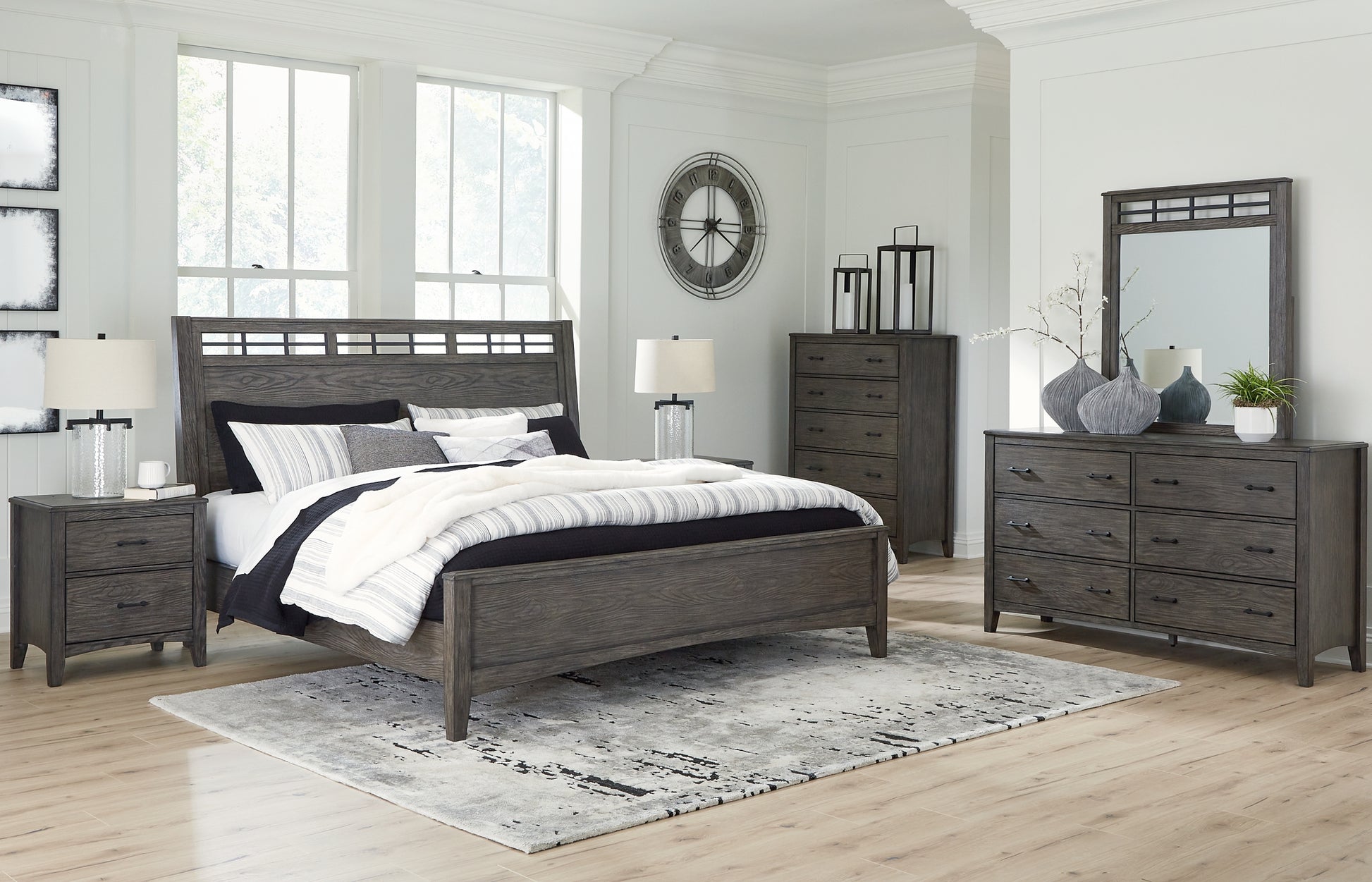 Montillan California King Panel Bed with Mirrored Dresser, Chest and 2 Nightstands Signature Design by Ashley®