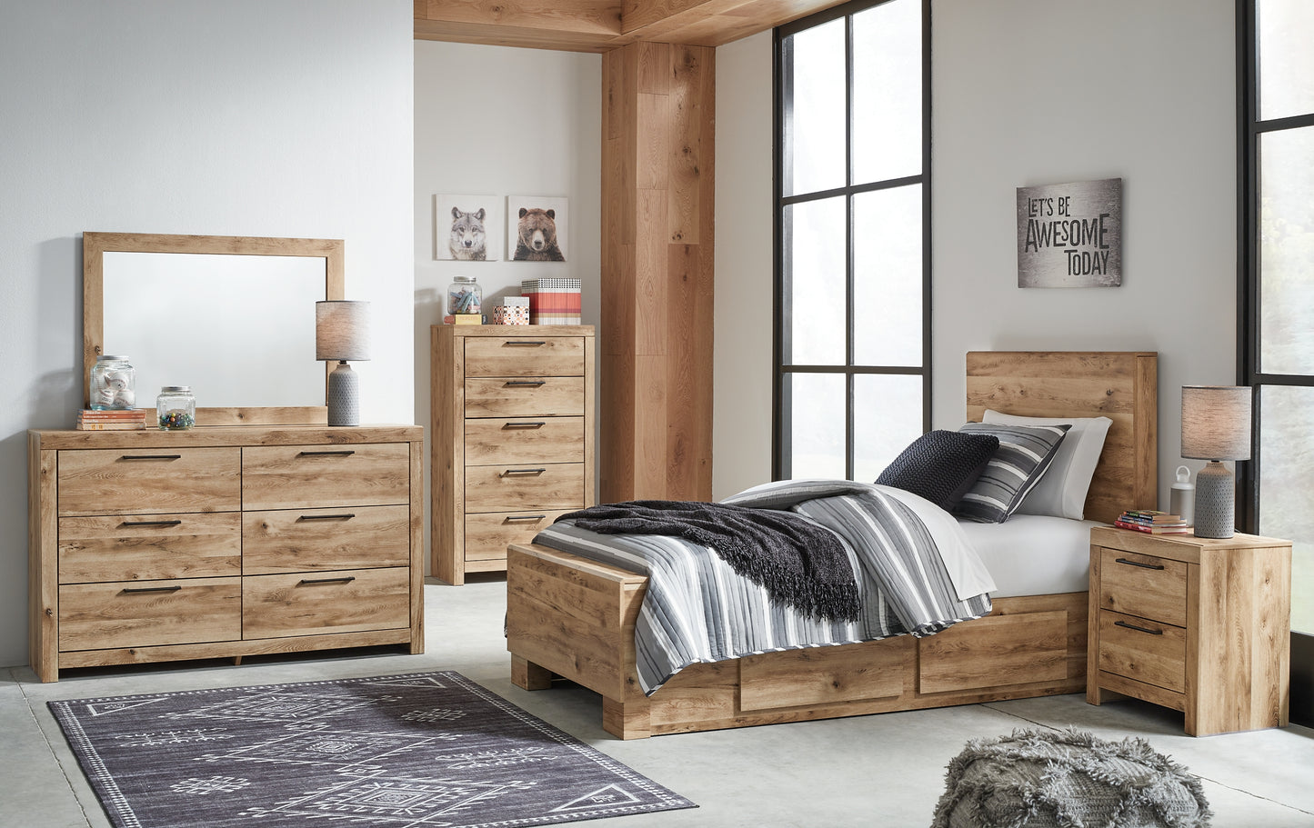 Hyanna Twin Panel Bed with Storage with Mirrored Dresser, Chest and 2 Nightstands Signature Design by Ashley®